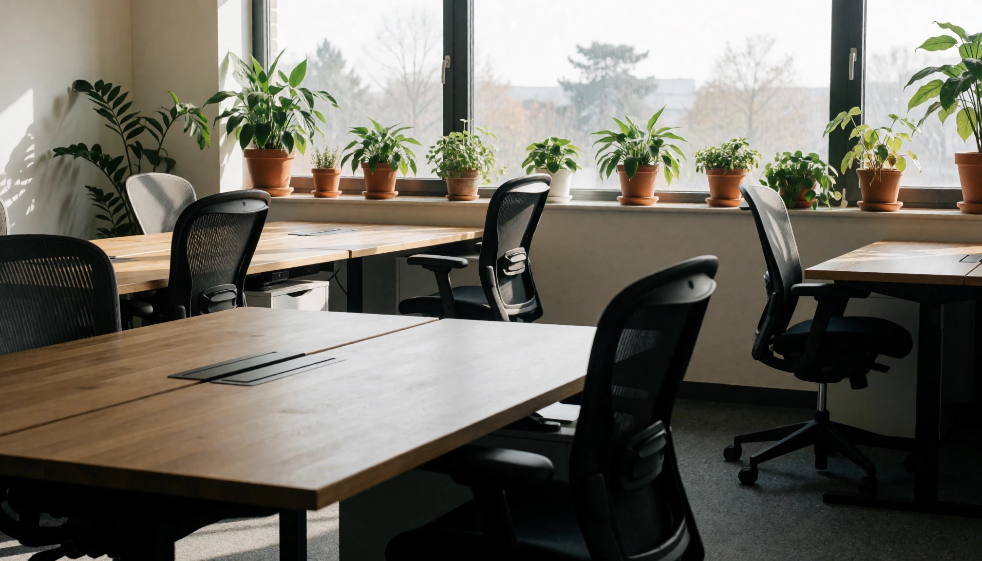 Lichte werkplek met planten en houten bureaus