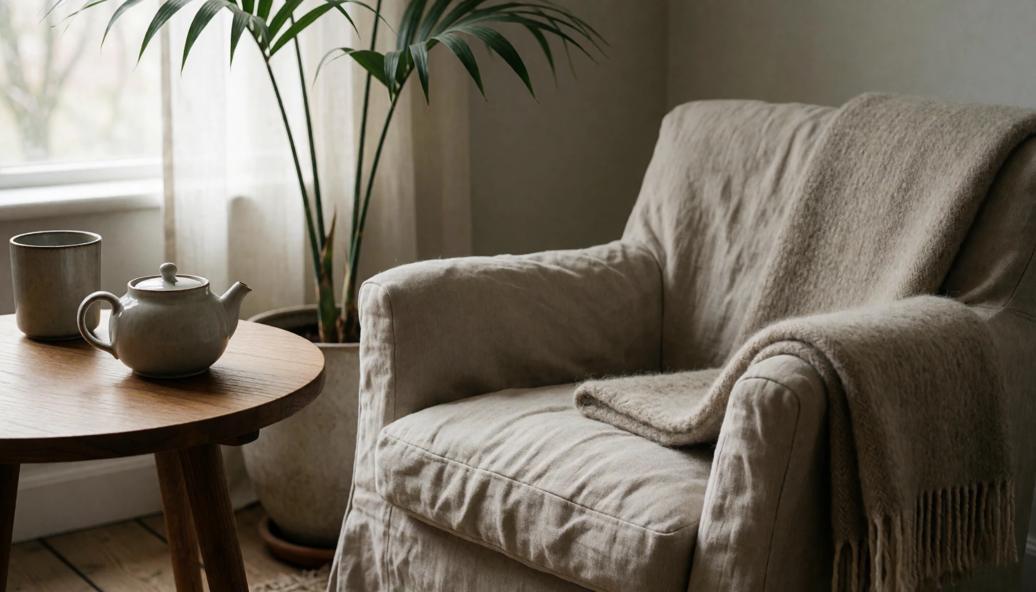 Rustige leeshoek met fauteuil en plant